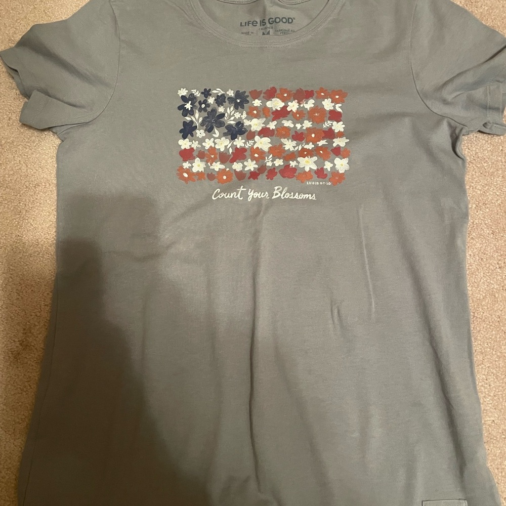 Life Is Good Gray Short Sleeve Tee with Floral Flag Design